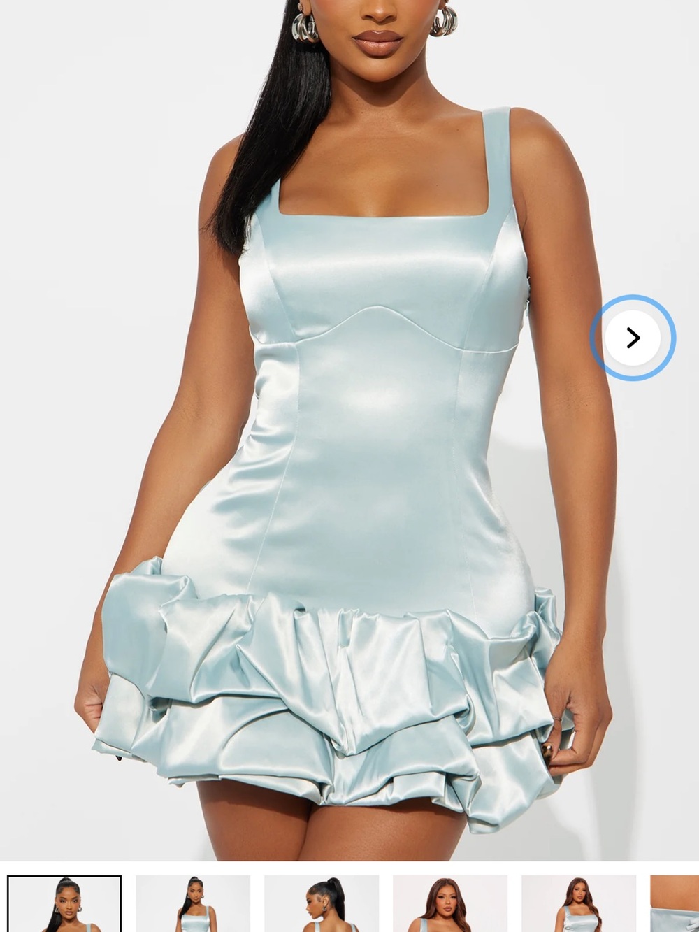 Fashion Nova Pale Blue Satin Ruffle Hem Mini Dress